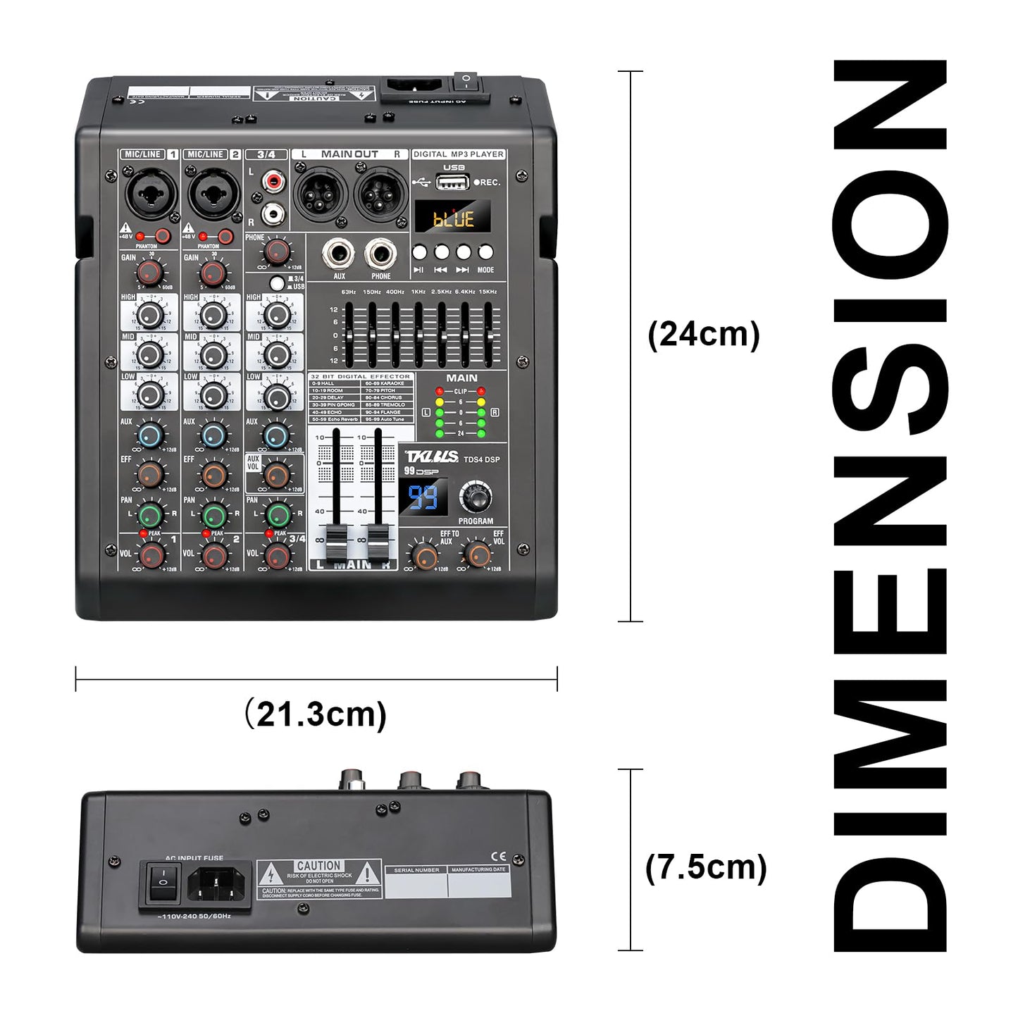 TKLBLS 4 Channel Audio Mixer for Home Audio, Sound Mixer Board with USB Interface, 99 DSP Effects, 48V Phantom Power, XLR Inputs for Karaoke, Recording