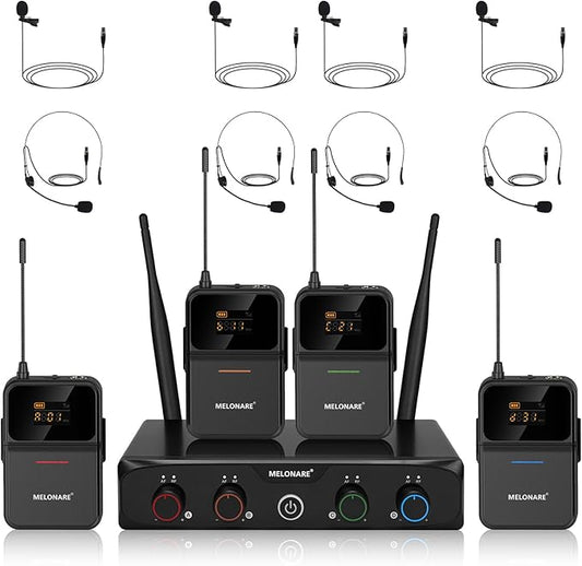 4-Channel Wireless Microphone System,UHF Compact Cordless Mic Set w/ 4x10 Frequencies, 200ft Range, 4 Bodypacks & Headset/Lapel Microphones for Singing, Church, Conference (MWM-41-4B)