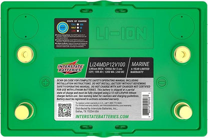 Interstate Batteries 12V 100Ah Group Size 24M Lithium Marine Dual Purpose Deep Cycle LiFePO4 Battery, Maintenance Free, Lightweight, Ideal For Boats with 1,000 Marine Cranking Amps (Li24MDP12V100)