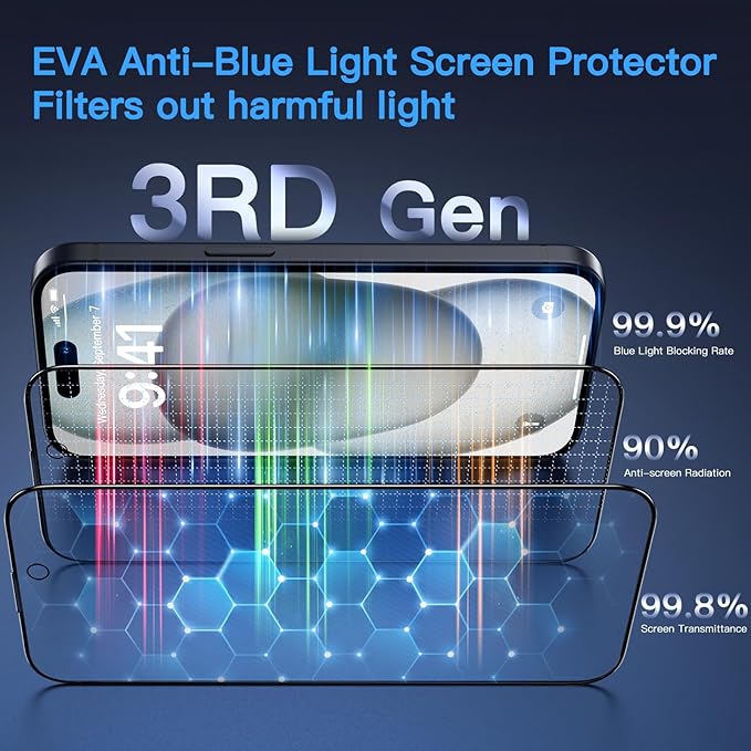 Uyiton Anti-Blue Light for iPhone 15 Plus Screen Protector - Unbreak-Glass Easy to Install Full Coverage Case Friendly Scratch Resistance 9H Tempered Glass Screen Protector for iPhone 15 Plus, 2 Pack