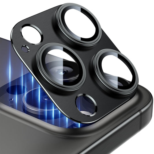 Esanik Upgrade 2 Pack for iPhone 15 Pro/iPhone 15 Pro Max Camera Lens Protector, Aluminum Alloy Metal matte Case Tempered Glass Camera Screen Cover, Scratch Resistant Case Friendly (Black)