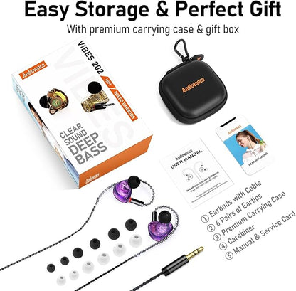 Vibes 202 Wired Earbuds - HiFi in Ear Monitor Headphones – Professional Noise-Isolating Ear Buds - Clear Sound, Deep Bass & Comfort-Fit IEM Earphones - MMCX to 3.5mm, Silver Plated Cord, Carrying Case