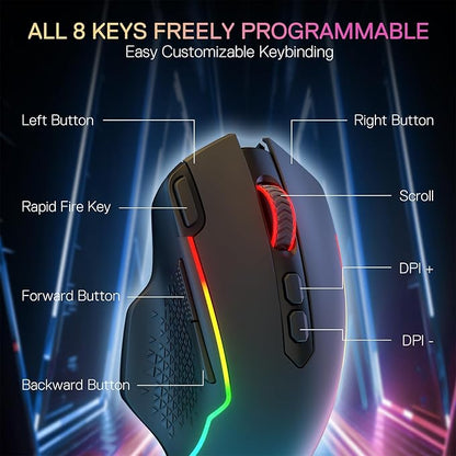 Redragon M810 MAX 3-Mode Wireless Gaming Mouse, 12000 DPI Wired/Wireless RGB Mouse w/Rapid Fire Key, 8 Macro Buttons, 188-Hour Reliable Power Capacity for PC/Mac/Laptop