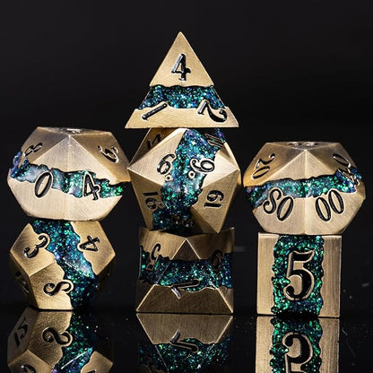 Metal RPG Dice Set,Mica Glitter Stripe Dice DND,Antique Bronze Dice 7pcs Set for Dungeons and Dragons