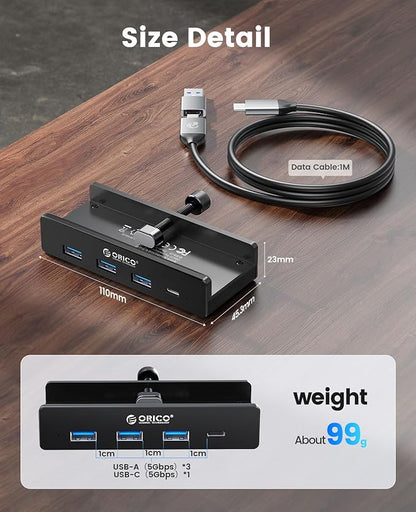 ORICO USB Hub 3.0, Clamp USB Hub with Extra Power Supply Port, Aluminum 4-Port USB Adapter with 3 USB-A Data Ports, USB-C Port for Monitors, Desks (Black)