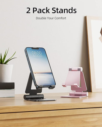 Nulaxy 2 Pack Dual Folding Cell Phone Stand, Fully Adjustable Foldable Desktop Phone Holder Cradle Dock Compatible with iPhone 17 16 15 14 13 12 Pro Max Xs Xr, All Phones, Black & Rose Gold