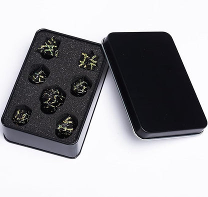 7PCS DND Dice Set,Metalli Crack Stripe Dice Set with Gift BOC,Dungeons and Dragons Polyhedral Metal Dice for RPG Board Games (Black Nickel Yellow)