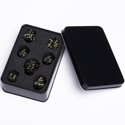 Maywin Cracked Rune Metal Dice Set for DND & RPG – Dark Fantasy Fractured Design, Premium Heavy Metal Polyhedral Dice with Deep Engraved Numbers, 7-Piece Set – Green Mystic Vein