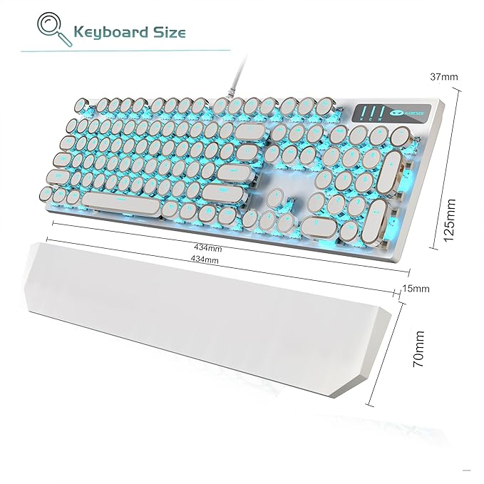 MageGee Typewriter Mechanical Gaming Keyboard, Retro Punk White Round Keycaps, 104 Keys LED Blue Backlit Wired Keyboards for Laptop MAC PC Gamer, with Magnetic Wrist Rest, Blue Switch