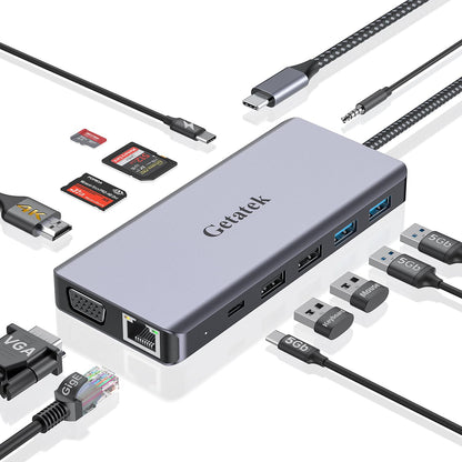 Getatek13-in-1 Docking Station with 4K HDMI,VGA,Ethernet,USB A 3.0 Data Port and USB C 5Gbps Port,100W PD Charging,SD/TF/MS Card Reader and 3.5MM Audior for MacBook, Acer, Laptops, Surface and More
