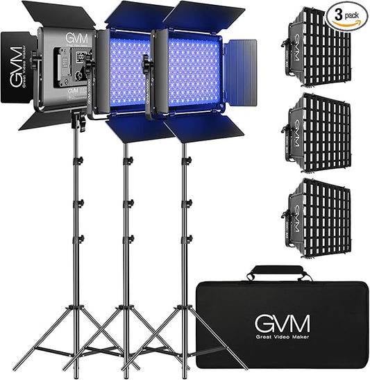 GVM RGB LED Video Light, Photography Lighting with APP Control, 1000D Video Lighting Kit for YouTube Studio, 3 Packs Led Panel Light, 3200K-5600K, 8 Kinds of The Scene Lights, CRI 97