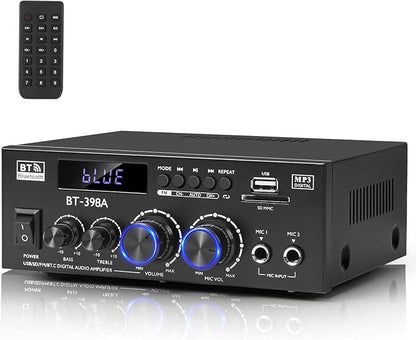 Romica Stereo Audio Amplifier, 2 Channel 450W x2 Bluetooth 5.0 Home Theater Power Amplifier with FM Radio, USB, SD, Optical & Coaxial Inputs, Amplifier for Passive Speakers and Active subwoofer