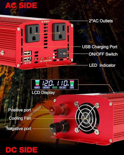 LVYUAN 1500W Car Power Inverter 12V to 110V DC to AC with 2 US Sockets, Cigarette Lighter, LCD Display, USB Ports for Car, Home, Truck, Outdoor, Camping