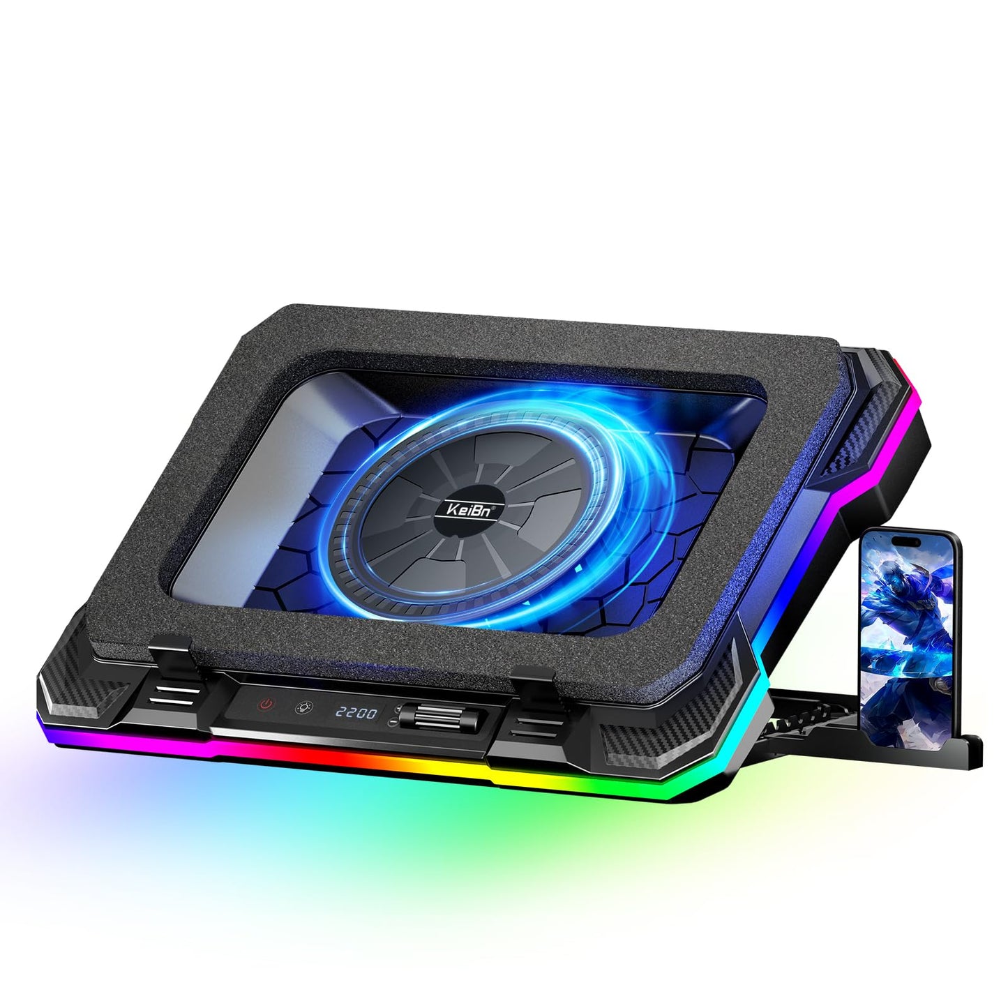 KeiBn Gaming Laptop Cooling Pad, Laptop Cooling Stand with 5.5inch External Cooling Fan, Rapid Cooling Laptop 15.6-19.3inch, Infinitely Variable Speed, 8 Height Stands, 4 USB Ports, Blue