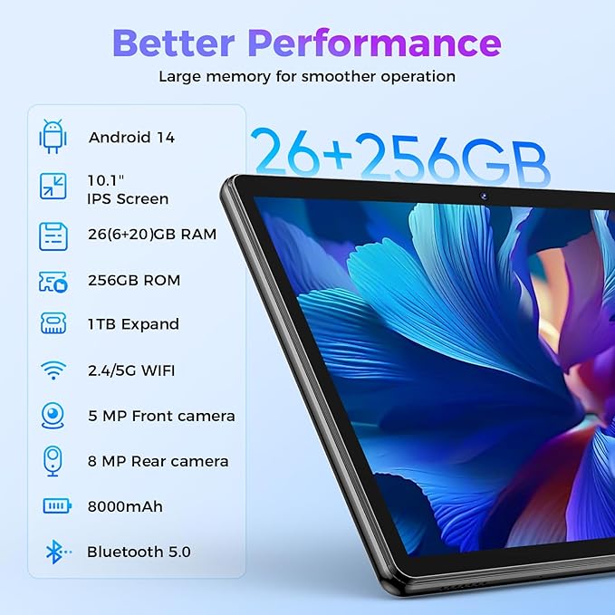 Android Tablet with Keyboard, 26GB RAM, 256GB ROM(1TB Expand), 10.1 inch Android 14 Tablet, 8000mAh Battery, BT 5.0, GMS Certified, 2.4G&5G WiFi, 2 in 1 Tablets with Mouse, Case, Stylus(Gray Case)