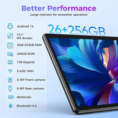 Android Tablet with Keyboard, 26GB RAM, 256GB ROM(1TB Expand), 10.1 inch Android 14 Tablet, 8000mAh Battery, BT 5.0, GMS Certified, 2.4G&5G WiFi, 2 in 1 Tablets with Mouse, Case, Stylus(Pink)