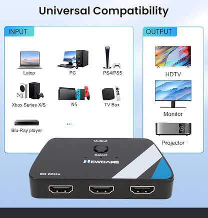 NEWCARE 4K@120Hz HDMI Switch 3 in 1 Out, HDMI 2.1 Splitter 8K@60Hz with 2.6 ft HDMI 2.1 Cable, HDMI Switcher Support 48Gbps, HDR10+, VRR, Dolby, HDCP 2.3, Compatible with PS5/PS4 Xbox TV Projector