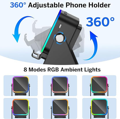 Wireless Induction Speaker 5-in-1 Bluetooth Speaker with Phone Stand,Stereo Sound, 3500mAh Rechargeable, 8 RGB Ambient Light, 360° Adjustable Holder for iPhone/Android/iPad,Gifts for Men Women (Black)