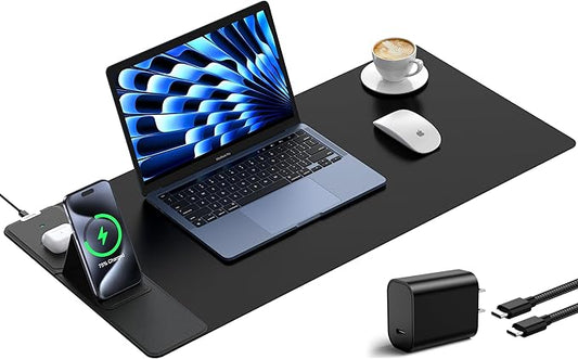 Wireless Charging Mouse Pad with Foldable Phone Holder, 31.5" x 15.8" XXL Large Desk Pad, Gaming Mousepad with Ultra-Smooth Surface, Non-Slip Base, Black Waterproof Desk Mat, with 20W PD Charging Kit