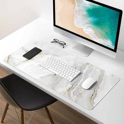 Extended Gaming Mouse Pad, XXL Large Desk Pad 30 x 14 Inch, Big Computer Keyboard Mousepad, Waterproof Mouse Mat with Stitched Edges and Non-Slip Base for Women Office Gaming, White Marble