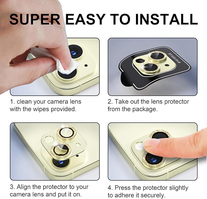 beuxece for iPhone 15/iPhone 15Plus Camera Lens Proprotector, Metal Camera Screen Proprotector Cover Accessories, Case Friendly, HD Tempered Glass,Drop Protection, Easy to Install,Yellow