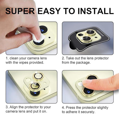 beuxece for iPhone 15/iPhone 15Plus Camera Lens Proprotector, Metal Camera Screen Proprotector Cover Accessories, Case Friendly, HD Tempered Glass,Drop Protection, Easy to Install,Yellow
