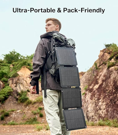 PEAKFLOW 65W Solar Panel,Foldable Portable Solar Panel,25.4% High-Efficiency, 45W PD USB-C Port,QC3.0 USB-A Port,DC5521 Output, Folding IP 68 Waterproof Solar Panels with Carabiners for Camping