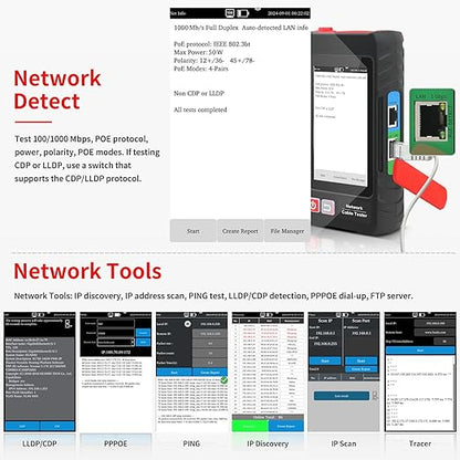 Multifunction RJ45 Network Caber Tester, 4" IPS Touch Screen UTP Cable Tester,Rechargeable Ethernet Cable Tracer,Support Network Tools, POE++ Detect,Cable Length Meter,RJ45 TDR Test, NCV,PD Power,FTP