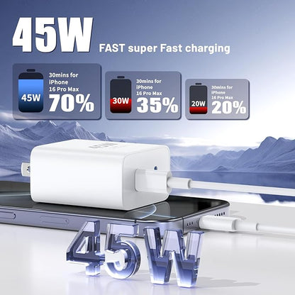 iPhone 16 15 Pro Max Charger Fast Charging,45W Dual Port USB C Fast Charger Block [2-Pack] & Extra Long 60W 3/6/10/10FT USB C Cable - PD Quick Adapter 3.0 for iPhone 16 15/16 15Pro/16 15 Plus.