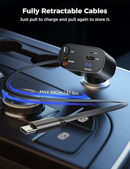 Retractable Car Charger 4 in 1 Fast Car Phone Charger Adapter with Type C & Apple Cords Compatible with iPhone 16/15/14/13/12/11, Galaxy, Pixel