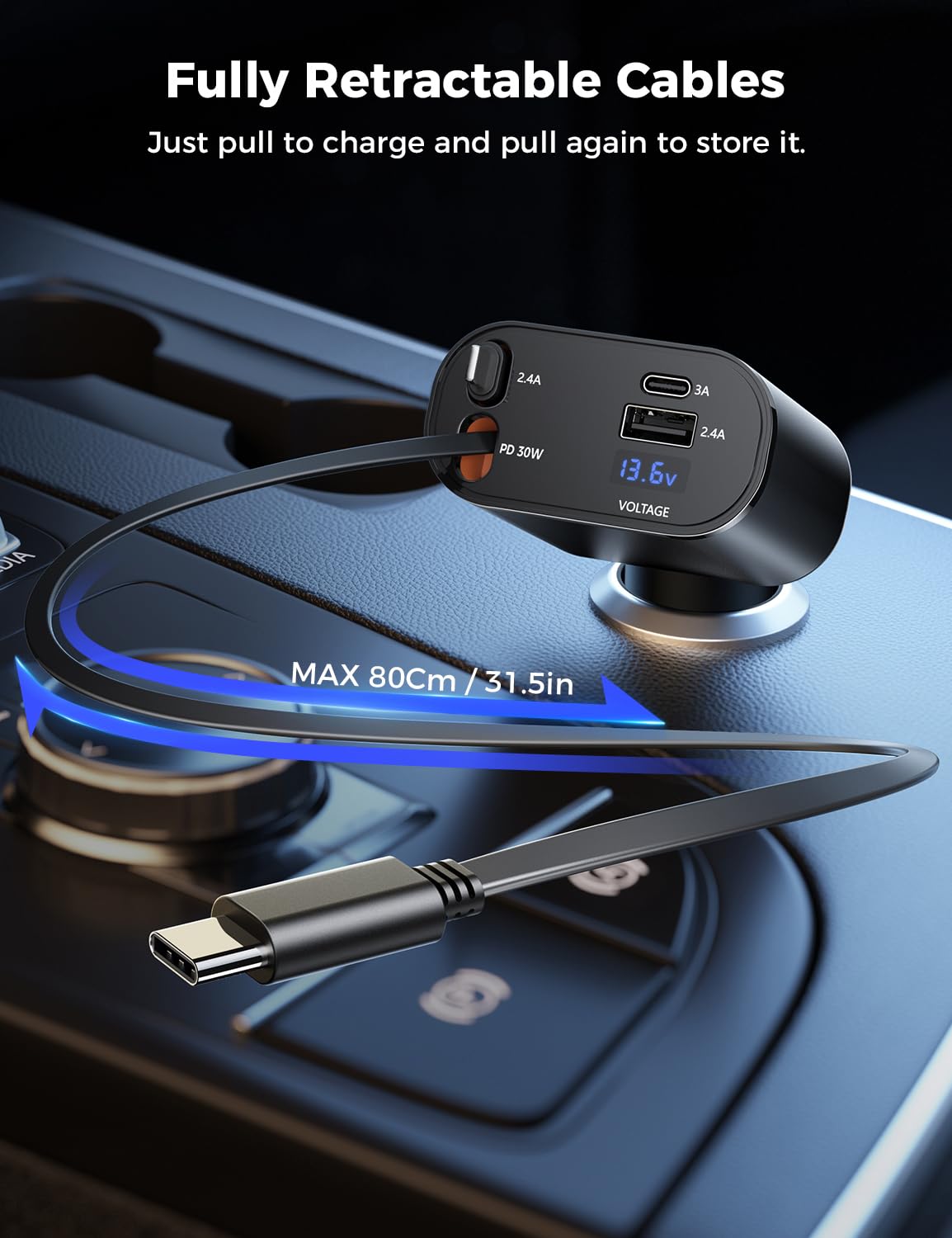 Retractable Car Charger 4 in 1 Fast Car Phone Charger Adapter with Type C & Apple Cords Compatible with iPhone 17/16/15/14/13/12/11, Galaxy, Pixel