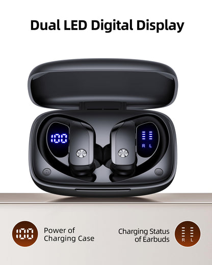 bmanl Wireless Earbuds Bluetooth Headphones Over Ear Hooks Ear Buds with 80H Playtime, LED Power Display, Dual Mic Clear Calls, Sports Wireless Ear Buds Bluetooth Earbuds for Running Gym Workout Black