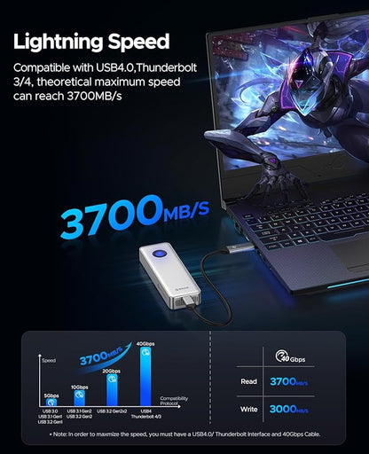 ORICO 1TB Portable SSD for 3700MB/s, RGB External Solid State Drive with 40Gbps 2 in 1 USB C Cable, Built-in Cooling Fan, Compatible with Thunderbolt 4/3, USB 4.0, PSSD - R3700