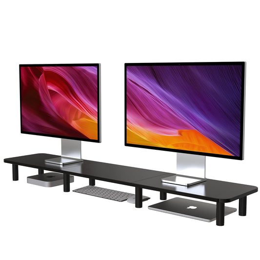 WEGASTU 43.7" Extra Long Dual Monitor Stand Riser, Wood & Steel Monitor Stand for 2 Monitors, Wide TV Stand, Desktop Riser for Desk Organization, Home Office，Laptop,Printer,TV (Black)