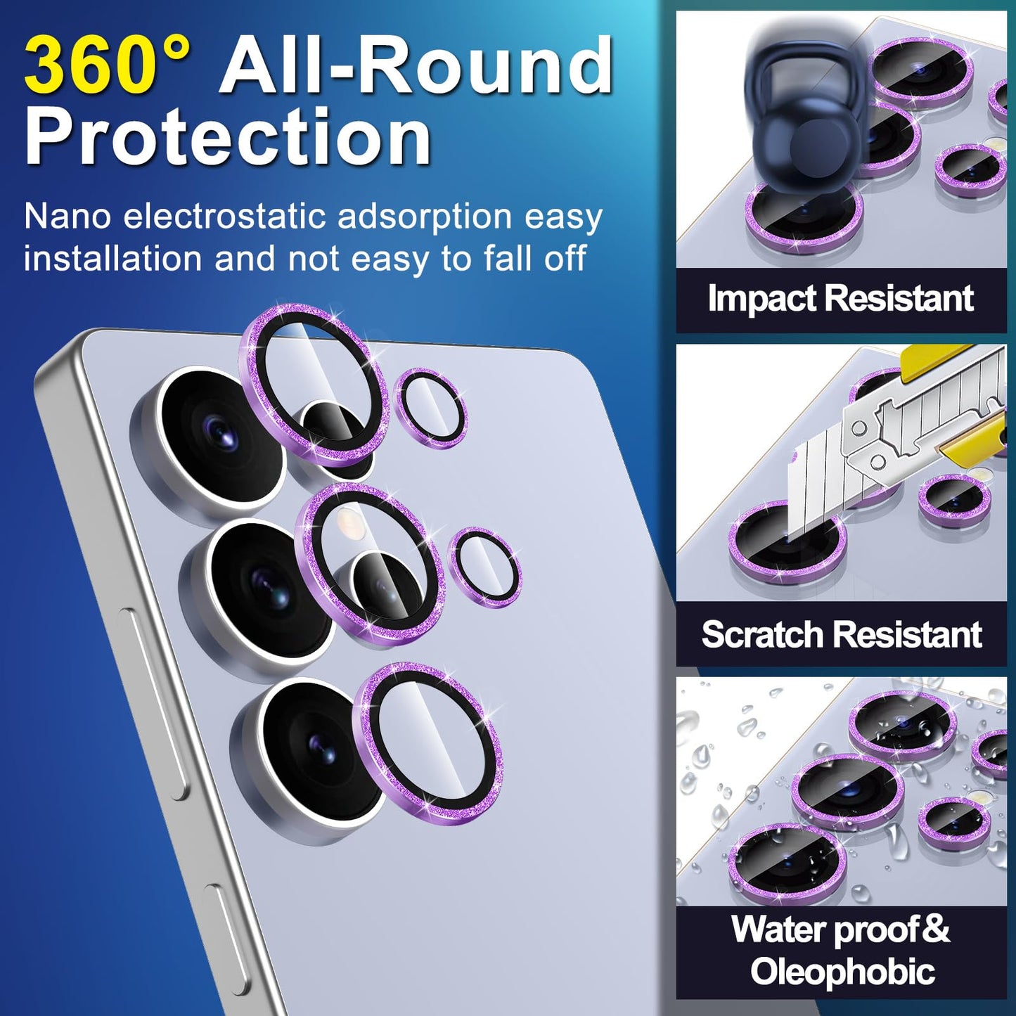 Avocase for Samsung Galaxy S25 Ultra Camera Lens Protector, Individual Metal Ring Tempered Glass Lens Cover, [Strong Adsorption] Scratch Resistant Ultra-Thin HD Clear Lens Cover, 1 Set-Purple Sparkly
