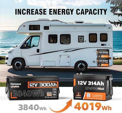 Bluetooth 12V 314Ah LiFePO4 Lithium Battery MINI, Max. 4190Wh Energy, EV A+ Cells, Built-in 100A BMS, 15000 Deep Cycles Battery with Low-Temp Protection for RVs, Solar System, Off-Grid