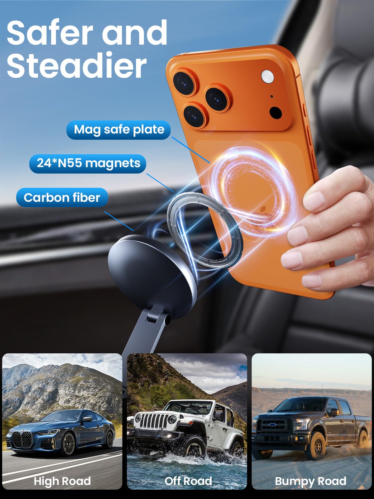 BEEGROW Magnetic Car Phone Holder for Magsafe, Alloy 360° Folding Cell Car Phone Mount with Ultra Stable Suction Cup and Reusable Gel, Dashboard Windshield Stand for iPhone 17-12 Android Pixel Samsung