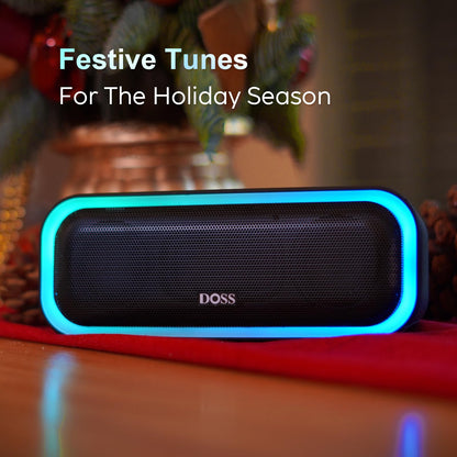 DOSS SoundBox Pro Bluetooth Speaker, 20W Stereo Sound, Active Extra Bass, 20H Playtime, Multi-Colors Lights, Wireless Stereo Pairing, IPX6 Waterproof for Garden, Hiking, Camping, Beach, Party-Blue