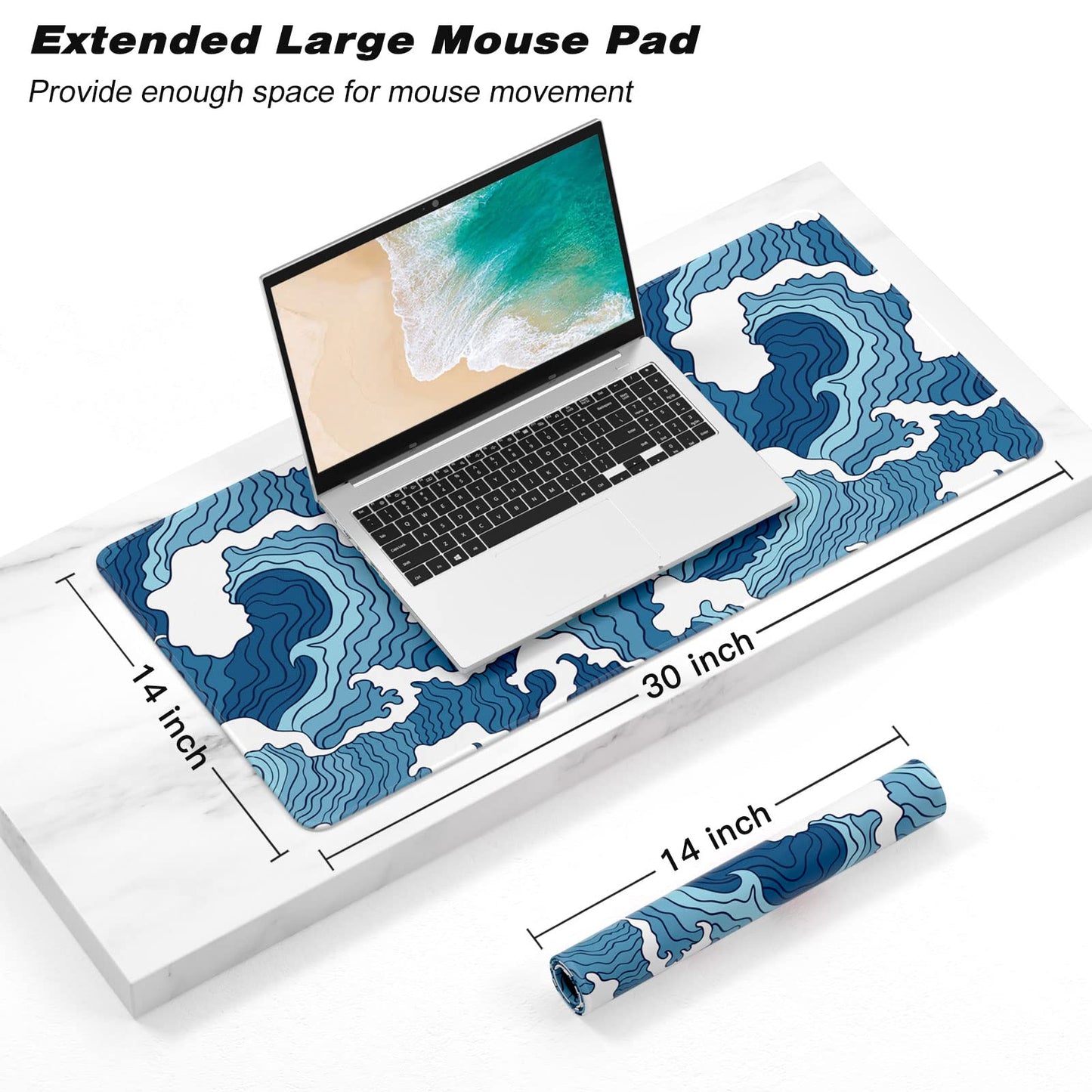 Atufsuat Extended Gaming Mouse Pad, Japanese Blue White Wave Mousepad, XL Large Mouse Mat Desk Pad 30 x 14 Inch, Waterproof Anime Mouse Pad with Stitched Edges and Non-Slip Base for Office Gaming