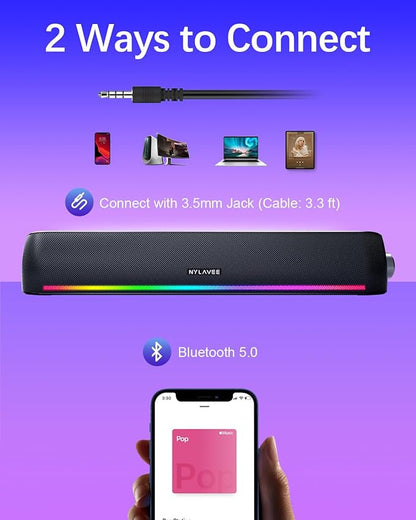 Computer Speakers, Hi-Fi Sound Quality Computer Sound Bar, Bluetooth 5.0 & 3.5mm Wired PC Speakers with 4 Dynamic Lighting Modes, USB Powered Speakers for PC, Desktop, Laptops, Phones, Monitors, Xbox