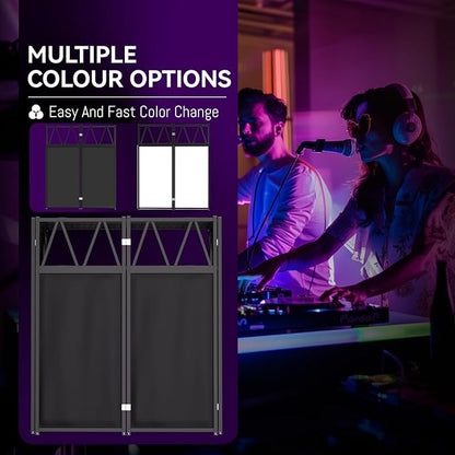 Portable DJ Booth Table,Foldable DJ Table Stand Portable with White & Black Scrim,Adjustable DJ Facade Table Station Triangle Plate Metal Frame DJ Table with Cable Hole for Private Events, Clubs, Bars