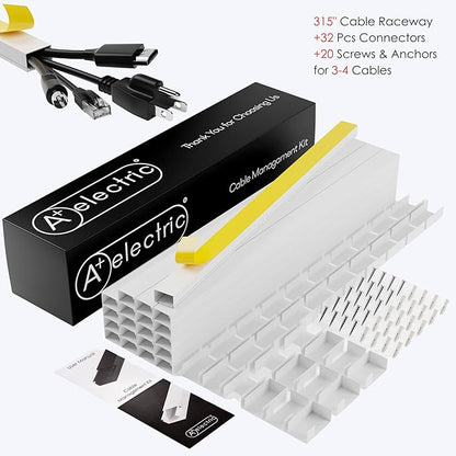 315" Cable Hider, Wire Cover, Cables Raceway for Cord Hide, Long, Large, White and paintable Cords Cover Concealer Conduit Channel, TV, Ethernet Molding Electrical Wires Management Kit