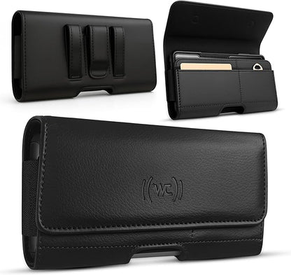 Leather Phone Holster for Men & Women, Horizontal Cell Phone Case with ID/Card Holder, Fits iPhone 13/12 Mini, SE, Xs/X, 8, 6s - Belt Clip/Loop Carrying Phone Pouch – Small Size