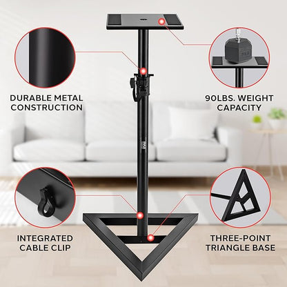 Pyle Speaker Stand Pair of Sound - Play 1 and 3 Holder, Telescoping Height Adjustable from 26” - 52” Inch, High Heavy Duty Three-point Triangle Base w/ Floor Spikes and 9” Square Platform, Black