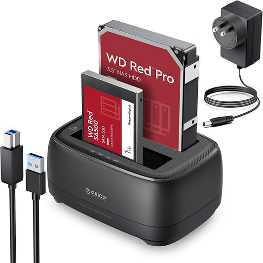 ORICO Hard Drive Docking Station Dual Bay USB 3.0 to SATA with Duplicator/Offline Clone Function External Hard Drive Dock for 2.5''/3.5'' HDD SSD Max Up to 44TB Support UASP Plug&Play-DD-C