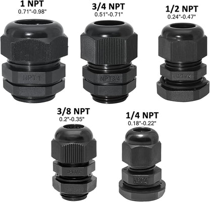20 Pcs Nylon Cable Gland Kit, IP68 Waterproof Adjustable Cord Grip Cable Connector Strain Relief Wire Protectors, 1/4" 3/8" 1/2" 3/4" 1", Black