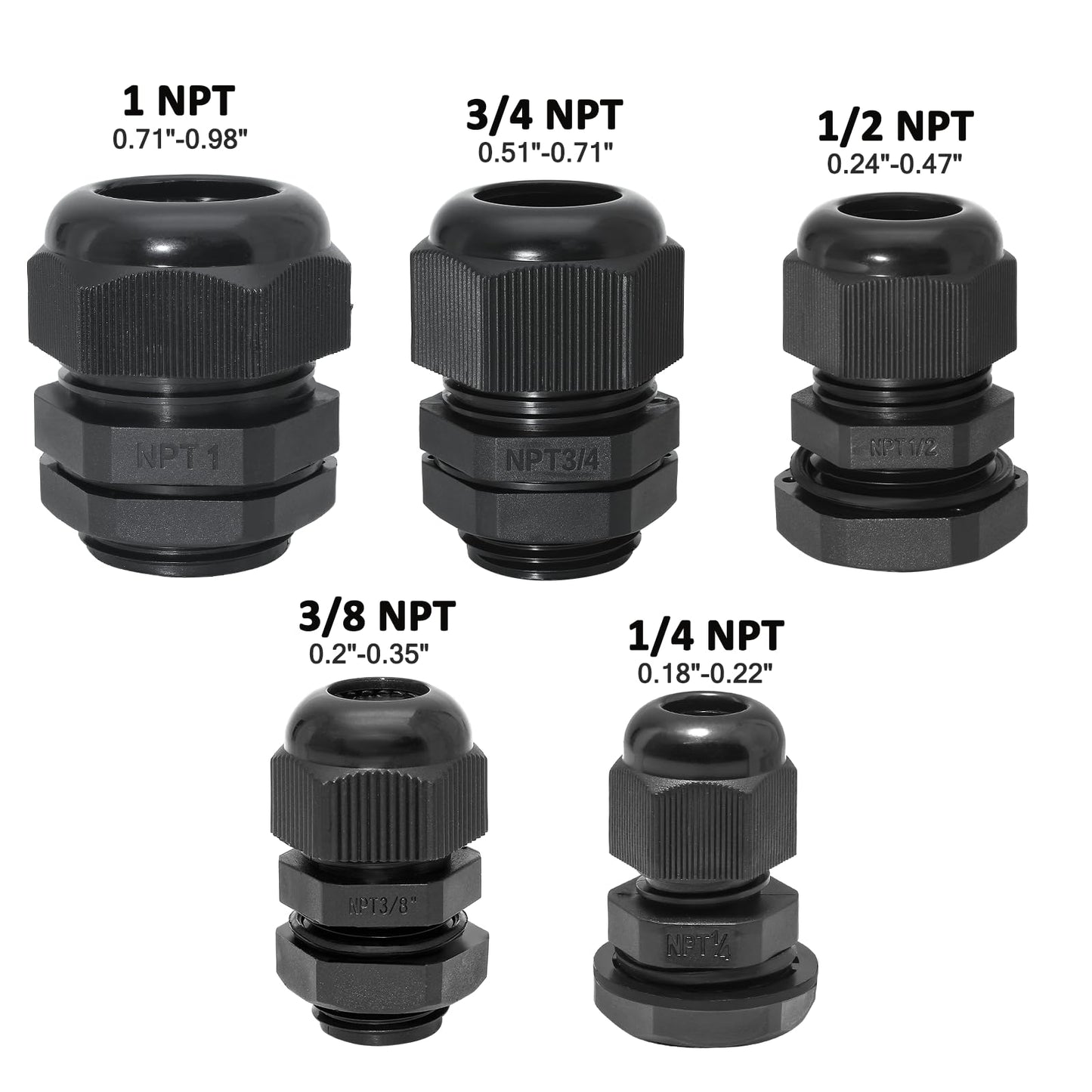 Bonsicoky 20 Pcs Nylon Cable Gland Kit, Black, 1/4" 3/8" 1/2" 3/4" 1"
