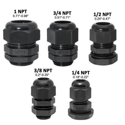 Bonsicoky 20 Pcs Nylon Cable Gland Kit, Black, 1/4" 3/8" 1/2" 3/4" 1"