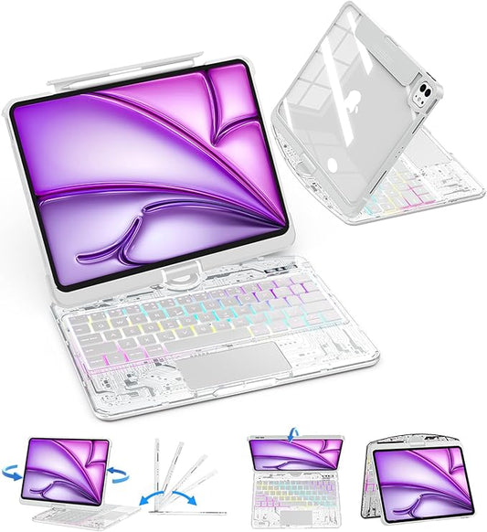 SIBEITU Clear Wireless Keyboard Case for iPad Air 13-inch M4/M3/M2 (2026/20252024) & iPad Pro 12.9-inch 6th 5th 4th 3rd Gen, Precision Trackpad & 7-Color Backlit, Pencil Holder, 360°Rotatable, White