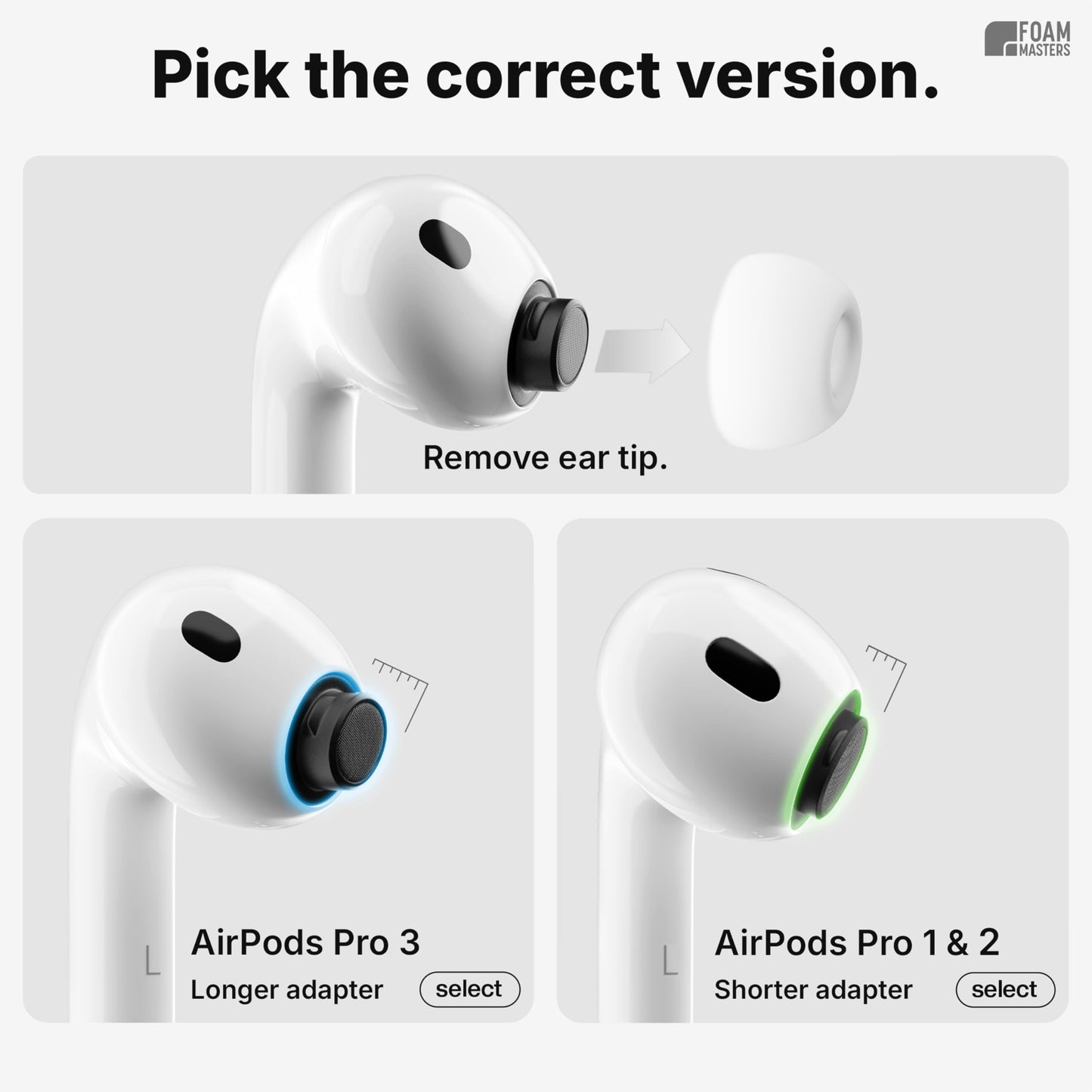 Foam Masters Ultra-Premium Memory Foam Ear Tips for AirPods Pro 1st & 2nd Gen | 3 Pairs | New Ver. | Secure Fit | Super Comfort | Better Noise Cancel | Replacement Buds (Assorted S/M/L, FDE Tan)